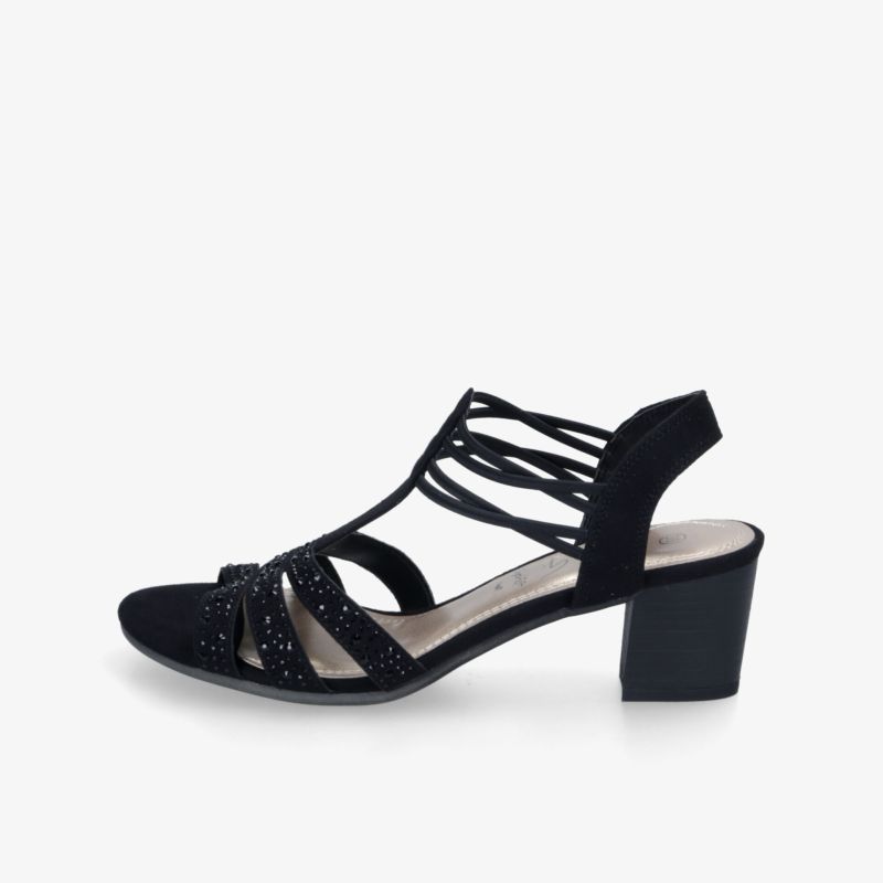 Schwarze Sandaletten mit Blockabsatz und verstellbaren Riemen, seitliche Ansicht, eleganter und bequemer Schuh