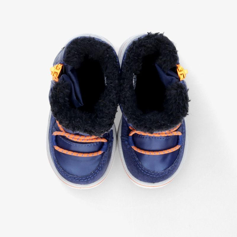 Warme, gepolsterte blaue Schuhe mit kuscheligem Innenfutter und robusten, rutschfesten Sohlen, Paaransicht von oben