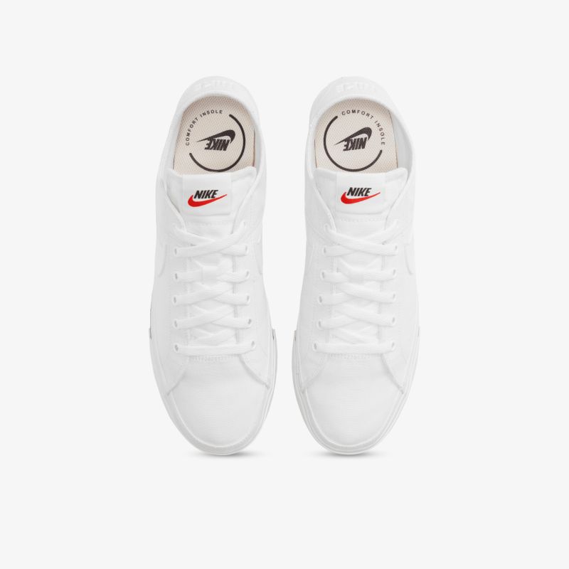 Weißes Sneakerpaar mit klassischer Schnürung, bequemer Passform und sportlichem Stil, frontal von oben gezeigt