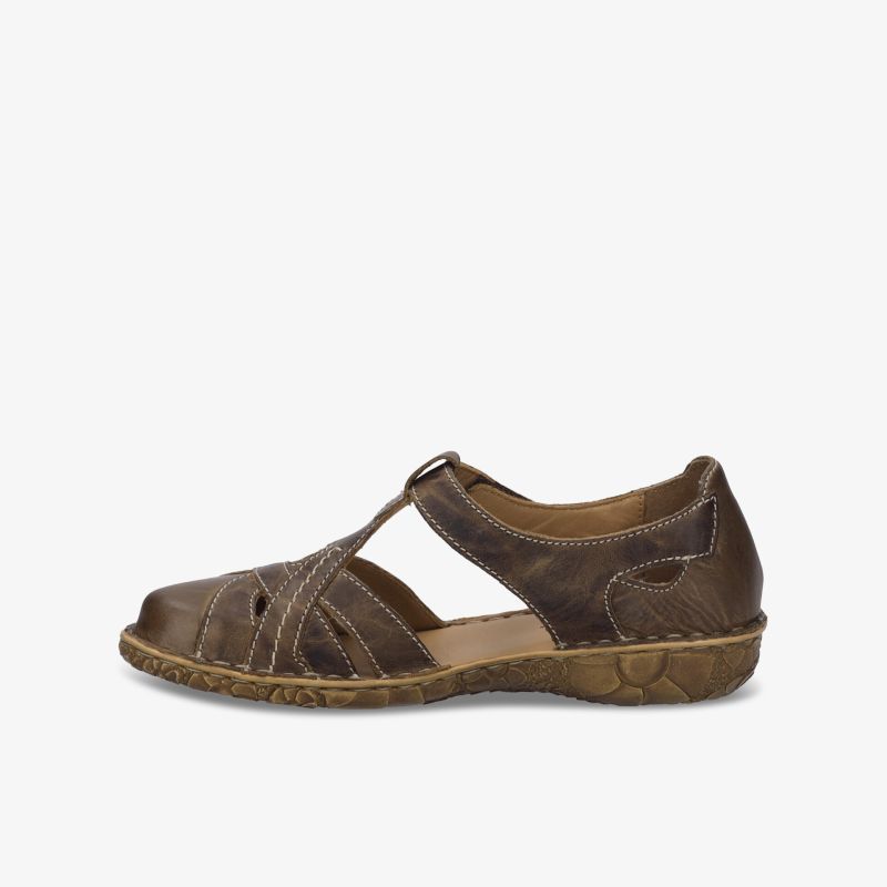 Bequemer brauner Ledersandalenschuh seitlich mit flexibler Sohle und ergonomischem Fußbett für angenehmen Tragekomfort