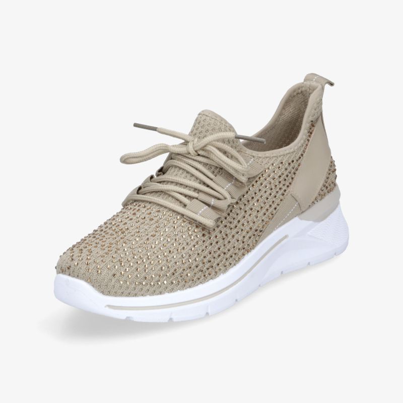 Bequemer Sneaker aus atmungsaktivem Material mit flexibler Sohle und modernem Design in neutraler Farbe, seitliche Ansicht