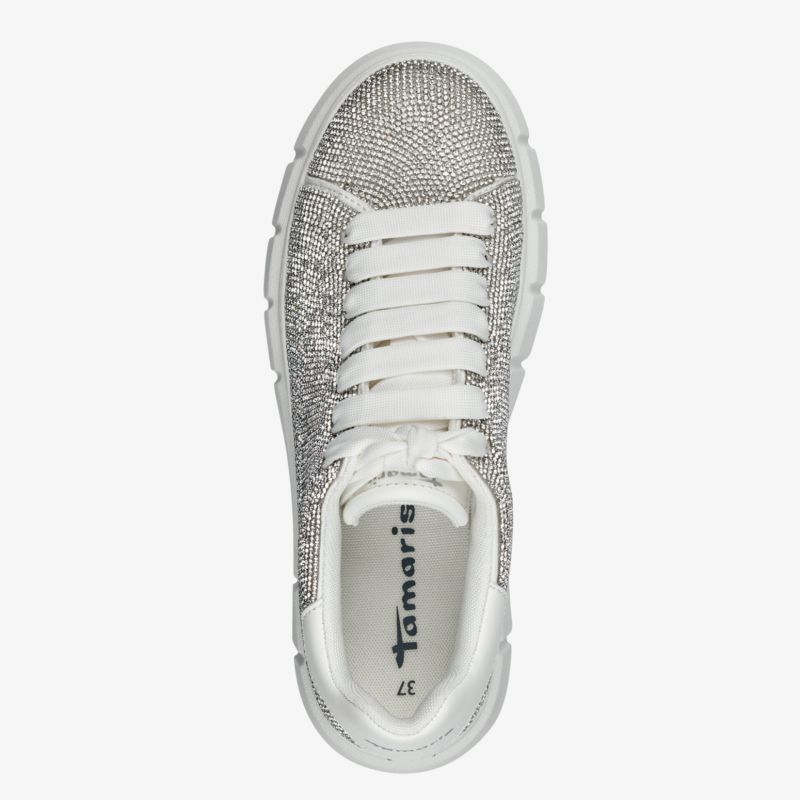 Sportlicher glitzernder Sneaker mit weißer Sohle und Schnürverschluss in bequemer atmungsaktiver Ausführung