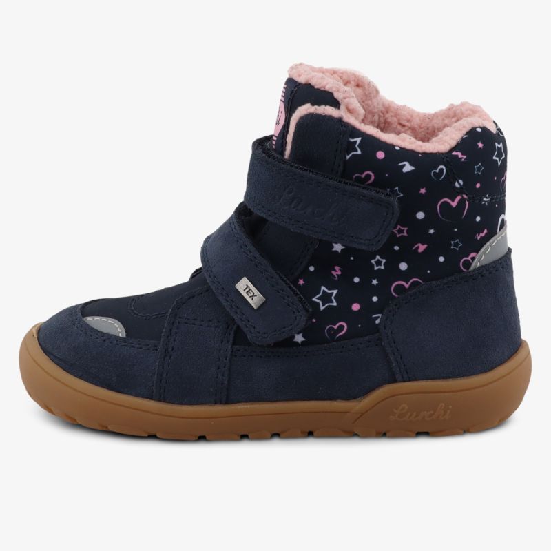 Seitliche Ansicht eines warm gefütterten, wasserdichten Winterstiefels mit Klettverschluss und rutschfester Gummisohle