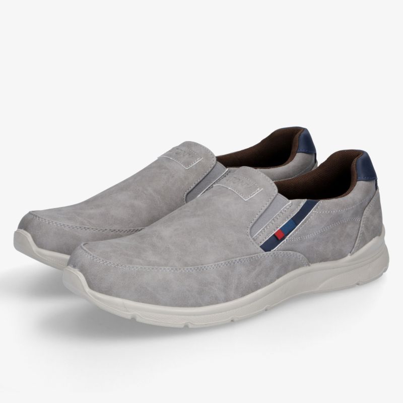 Gepaarte graue Slip-On Schuhe mit weich gepolsterter Innenseite und rutschfester weißer Sohle für hohen Komfort