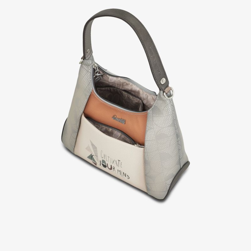 Elegante kompakte Handtasche aus metallic Kunstleder mit stabilem Griff in grauen und braunen Tönen