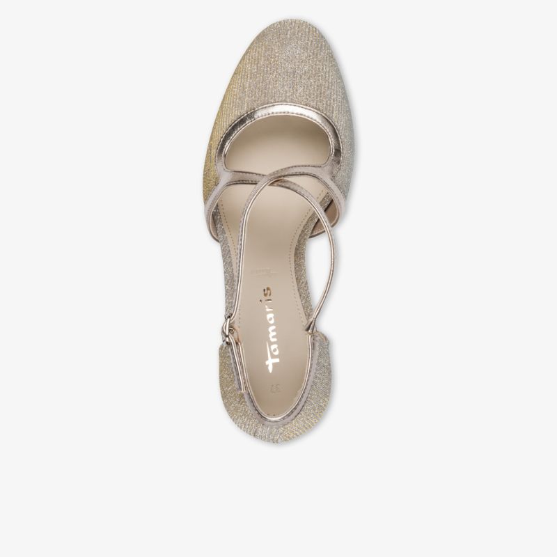 Draufsicht auf eleganten spitzen Schuh mit Riemchen und bequemer Passform