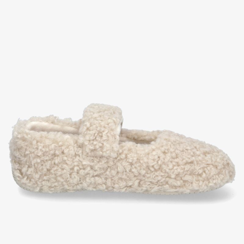 Beige kuschelige Pantolette mit weichem, flauschigem Material und gepolsterter Innensohle für angenehmen Tragekomfort seitlich