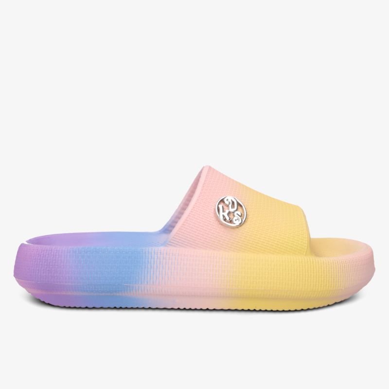 Bequemer Slipper mit weichem Material und sanftem Farbverlauf in Gelb, Rosa und Blau