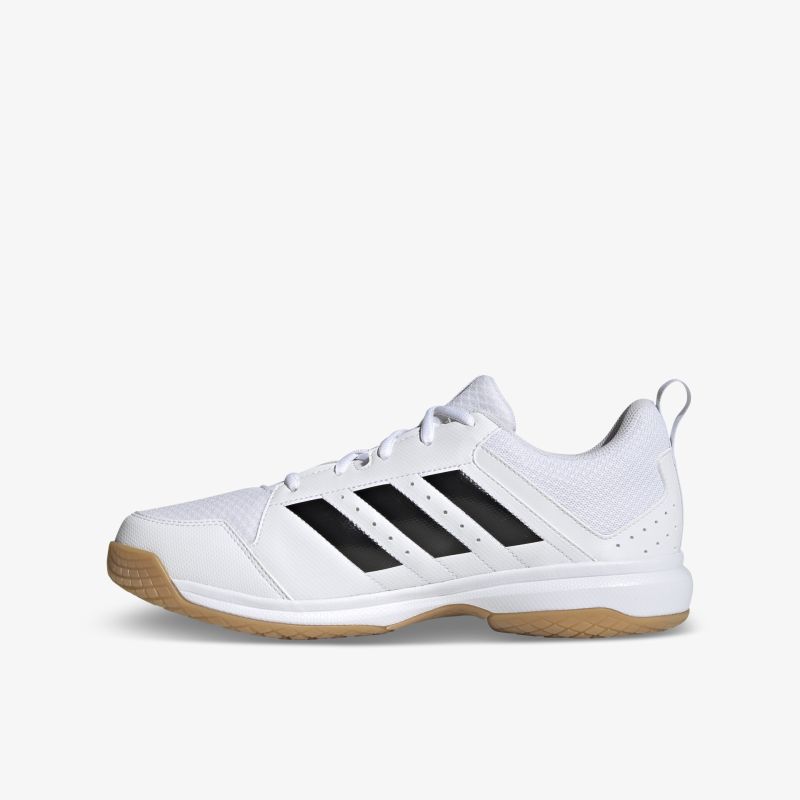 Leichter weißer Sportschuh mit schwarzem Streifen und flexibler, rutschfester Sohle in klarer Seitenansicht