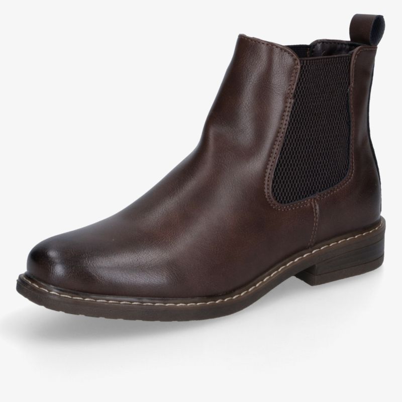 Eleganter brauner Chelsea-Boot aus Lederoptik mit elastischem Seiteneinsatz, robustem Profil und bequemem Blockabsatz.