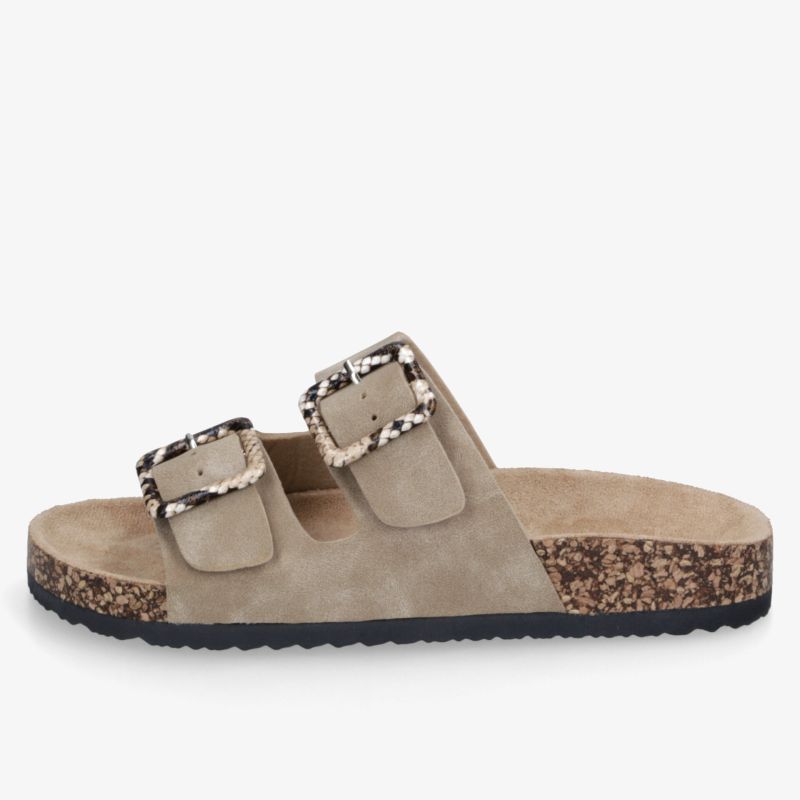 Beige Sandale mit rutschfester Korksohle und stilvollen Schnallen für maximalen Komfort.