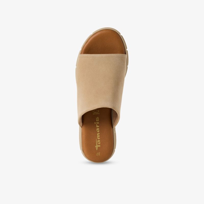 Beiger Schuh mit offenem Zehenbereich und breitem Riemen, schlichtes und bequemes Design, Draufsicht