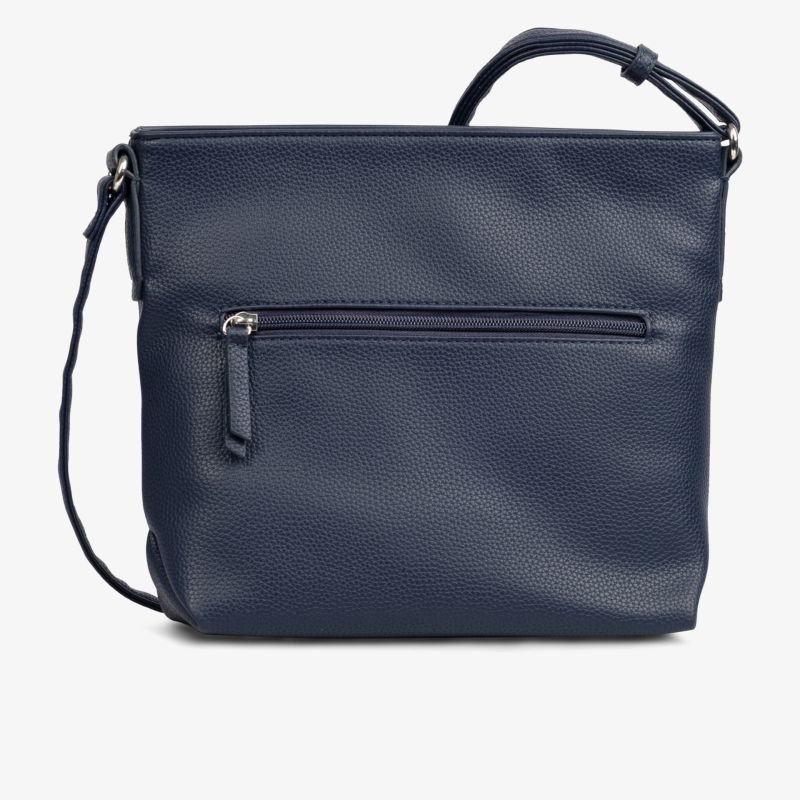 Dunkelblaue Ledertasche mit großer fronttasche und verstellbarem Schultergurt, klar strukturiert und edel