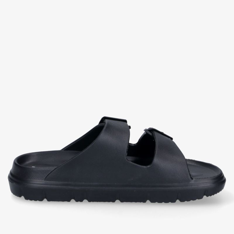 Schwarze Sandale mit bequemer, flexibler Sohle und offenem Design, ideal für entspanntes Tragen