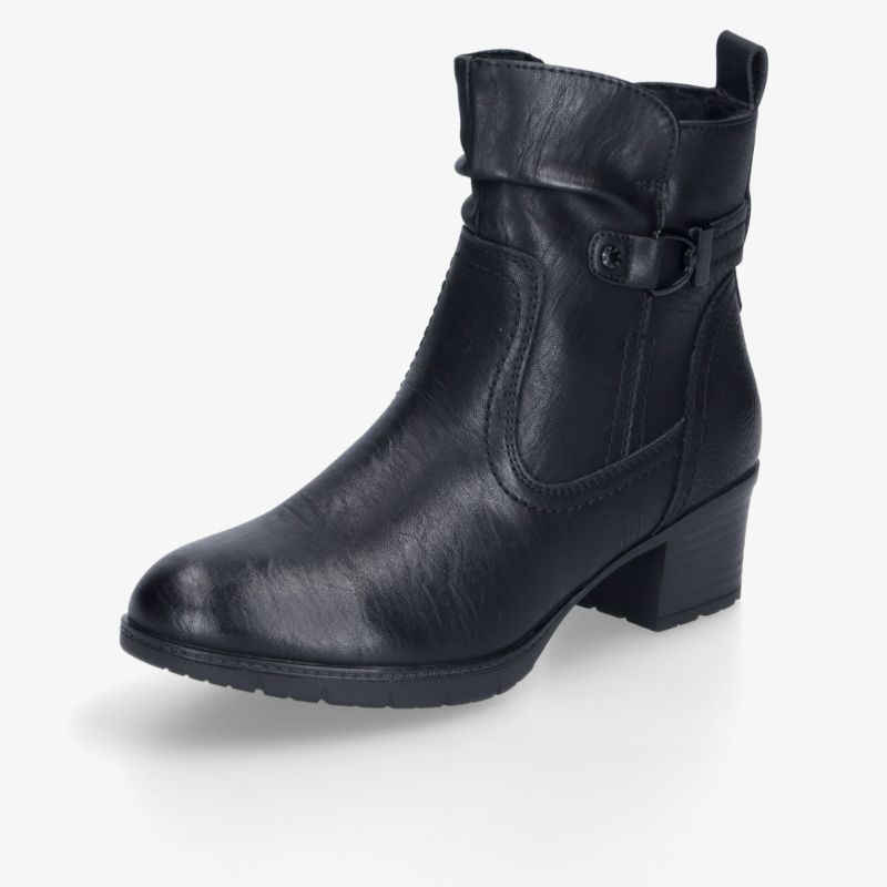 Schwarze Stiefelette aus glattem Leder mit bequemem Blockabsatz und profilierter Sohle in schräger Vorderansicht