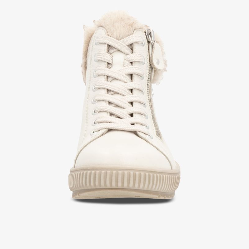 Weißer Sneaker mit hohem Schaft und Fellfutter, Reißverschluss und Schnürung, bequeme sportliche Sohle