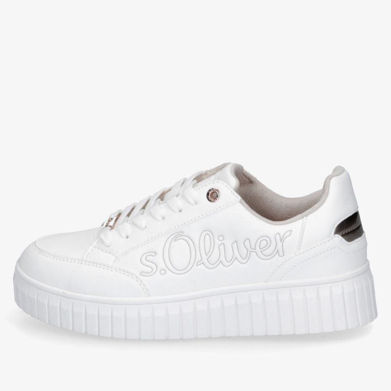 weißer Sneaker mit sportlichem Design und bequemer dicker Sohle, seitliche Ansicht