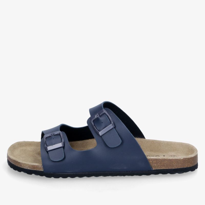 Seitliche Ansicht einer blauen Sandale mit verstellbaren Schnallen und bequemem Fußbett, ideal für hohen Tragekomfort