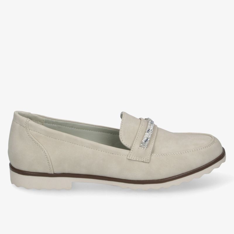 Eleganter cremefarbener Loafer mit dekorativer Schnalle und rutschfester Sohle für vielseitigen Stil.