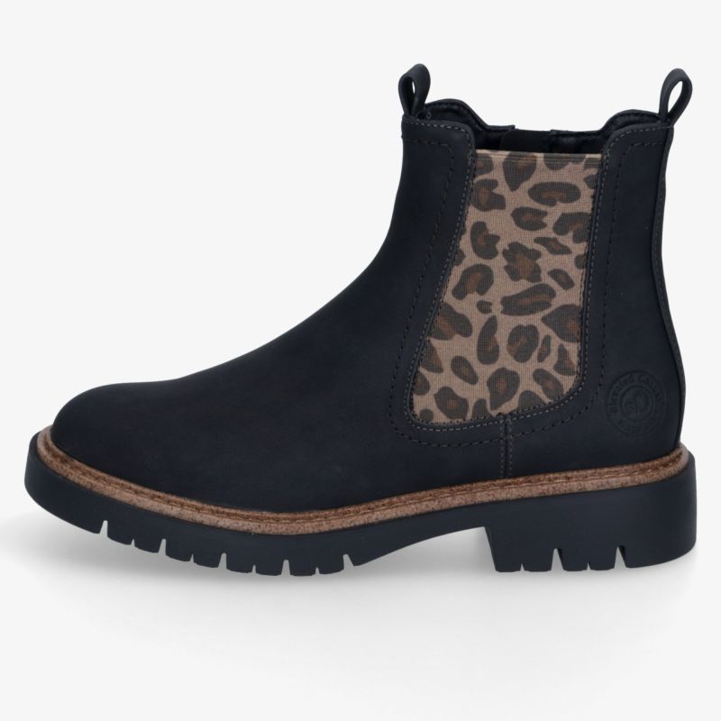 Schwarzer Chelsea-Boot mit dekorativem Animalprint, elastischen Einsätzen, robuster Profilsohle und komfortabler Passform