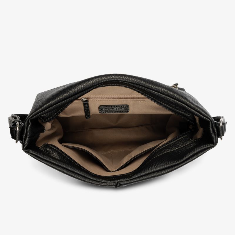 Schwarze Lederhandtasche mit Reißverschluss und mehreren Innenfächern für optimale Organisation