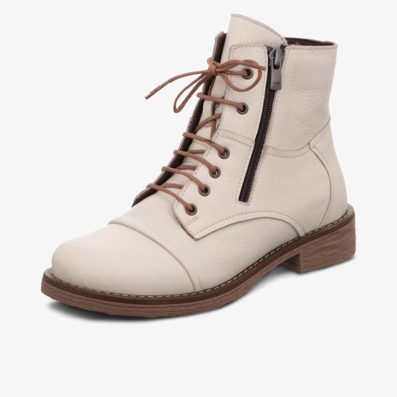 Bequemer weißer Schnürstiefel aus Glattleder mit seitlichem Reißverschluss und profilierter Laufsohle