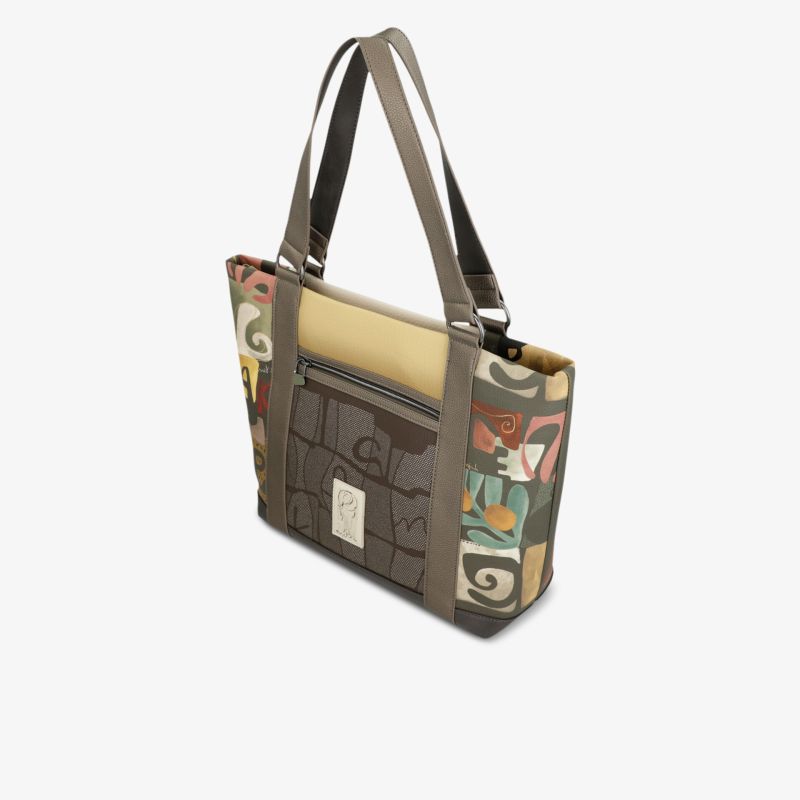 Große, modische Tasche mit buntem Muster und robusten Griffen, ideal für den Alltag.