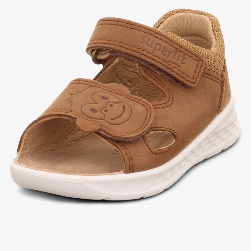 Bequeme braune Ledersandale mit Klettverschluss und süßem Affenmotiv, flexible weiße Sohle