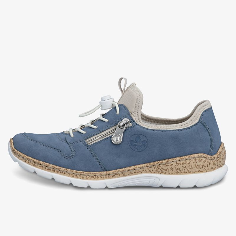 Blaue Sneaker mit Reißverschluss, flexiblem Material und rutschfester Sohle für hohen Tragekomfort.