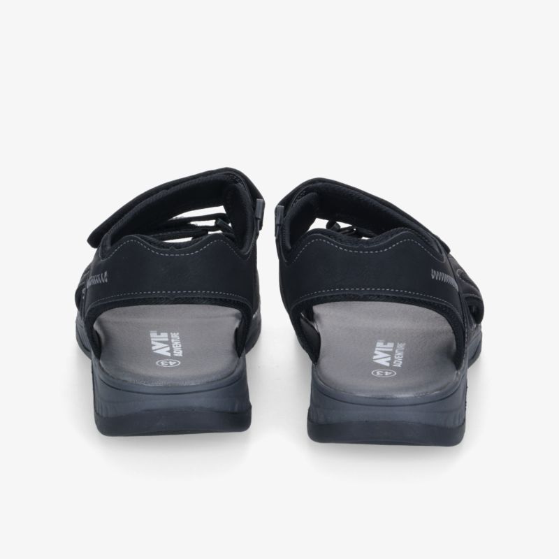 Schwarze Sandalen mit verstellbaren Riemen und robuster Sohle in Rückansicht, ideal für Freizeit und Alltag