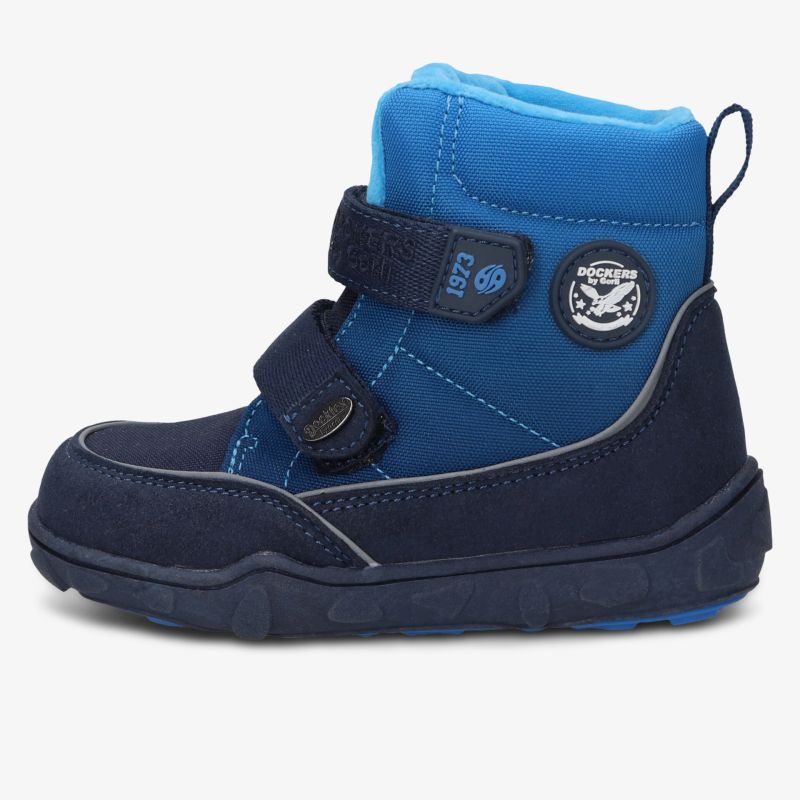 Blauer robuster Kinderstiefel mit warmem Futter und praktischem Klettverschluss, rutschfeste und wasserabweisende Sohle