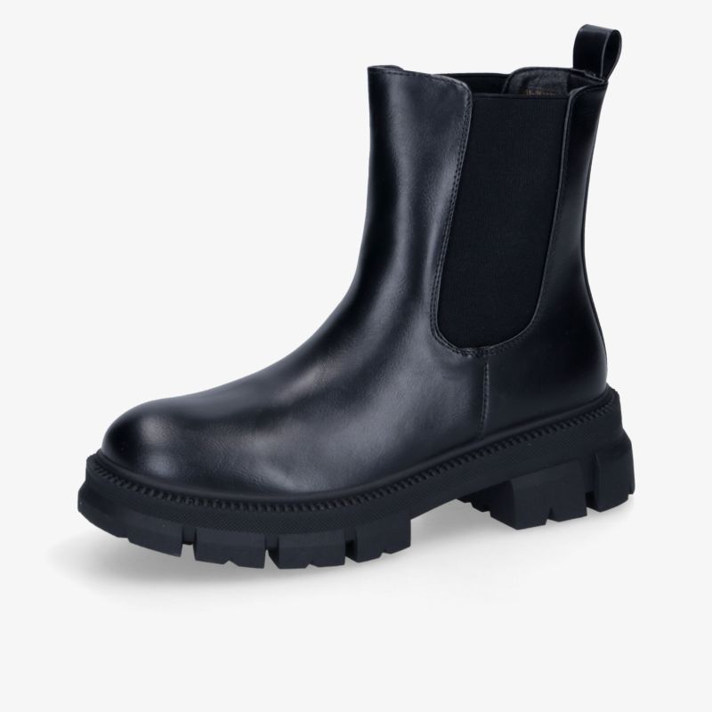 Schwarzer robuster Boot aus hochwertigem Leder mit rutschfester Sohle und elastischen Einsätzen für bequemen Halt