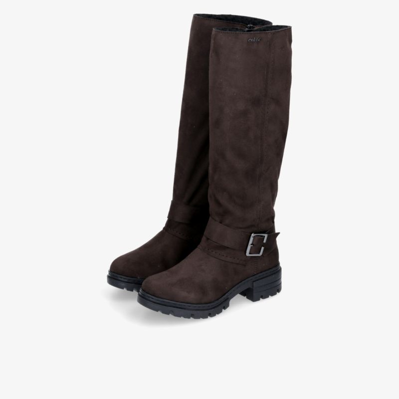 Braune hochgeschnittene Stiefel mit Schnallenverschluss und robuster profilierter Sohle