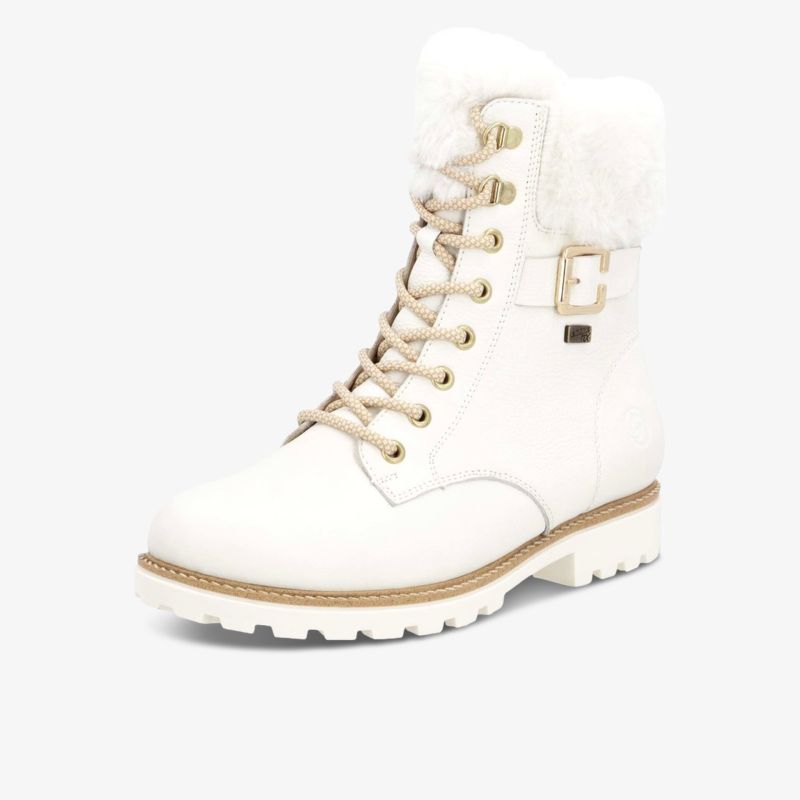 Weißer Schnürstiefel mit Profilsohle und dekorativer Schnalle, robust und modisch