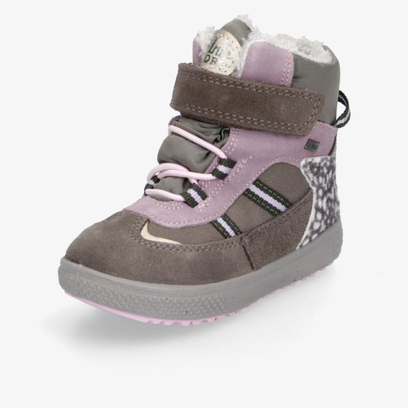 Brauner High-Top-Sneaker mit rosafarbenen Details, Klettverschluss, Schnürung und griffiger Profilsohle in schräger Frontansicht