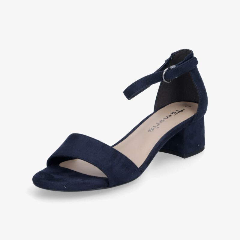 Dunkelblauer Pumps mit mittelhohem Blockabsatz und verstellbarem Knöchelriemen, eleganter offener Zehenbereich