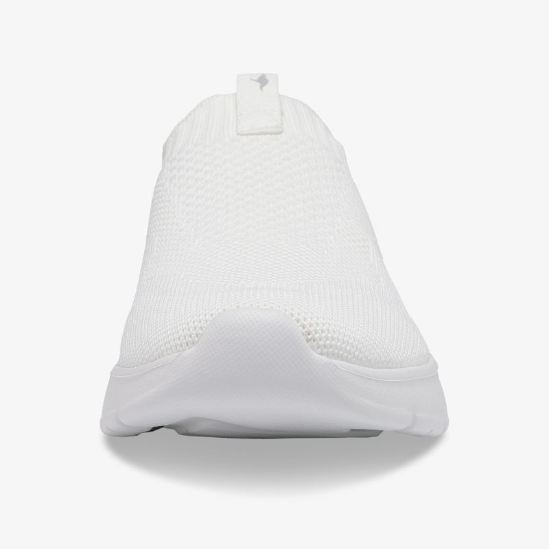 Weißer leichter Laufschuh mit atmungsaktivem Material und rutschfester Sohle in Frontansicht