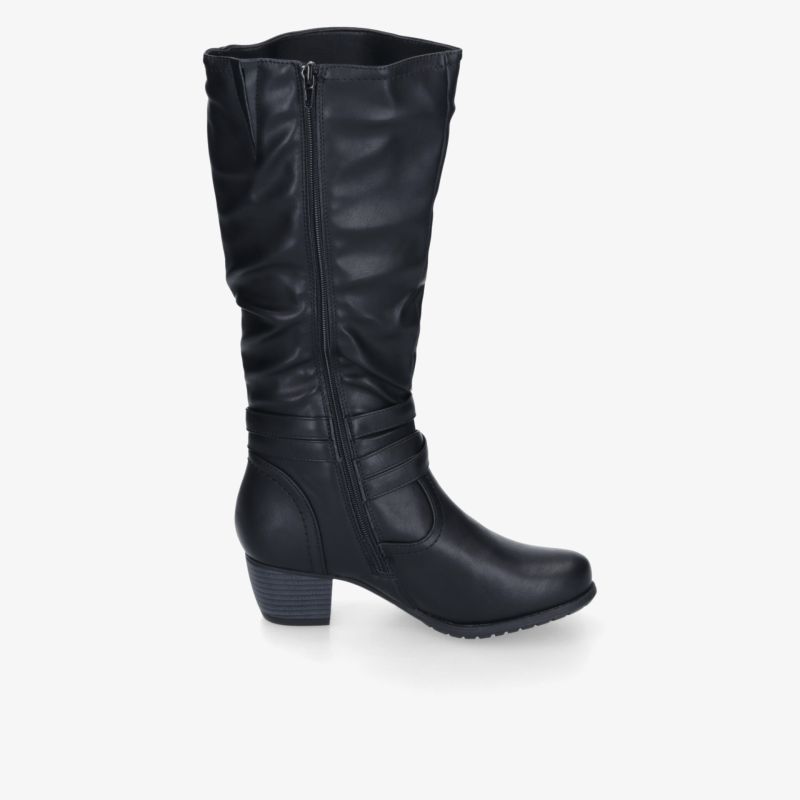 Schwarzer hoher Stiefel aus glattem Material mit seitlichem Reißverschluss, bequemem Blockabsatz und runder Spitze