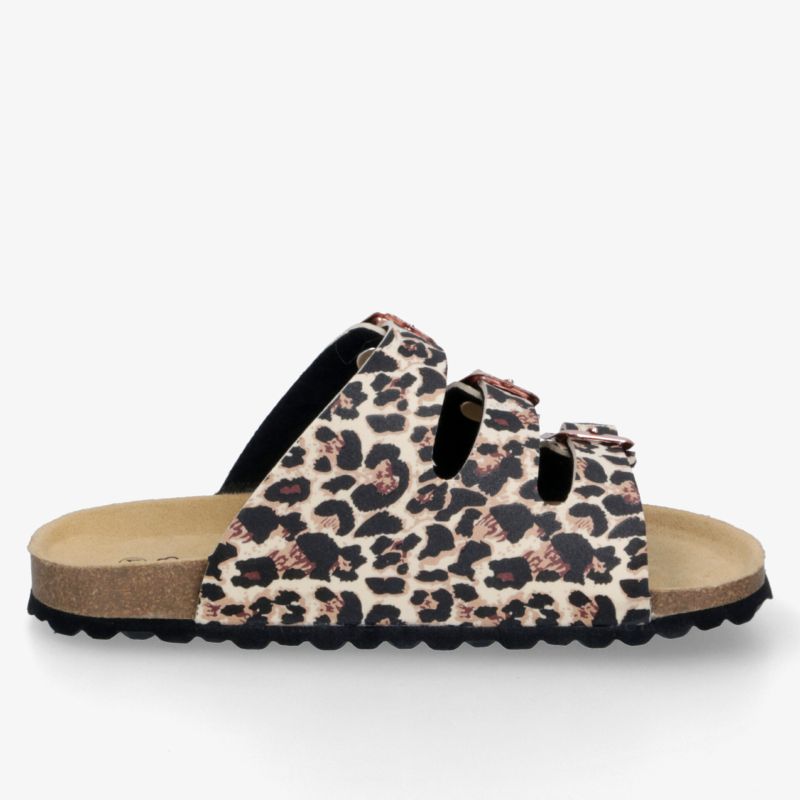 Leopardenmuster Sandale mit verstellbaren Riemen und bequemem Fußbett, seitliche Ansicht