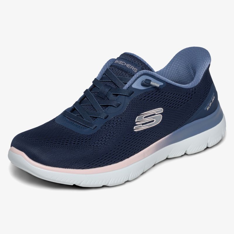Dunkelblauer leichter Sportschuh mit atmungsaktivem Mesh und flexibler, rutschfester Sohle, seitliche Ansicht
