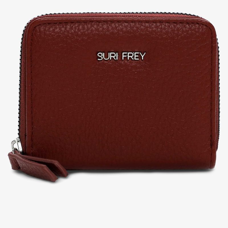 Kompakte und elegante Geldbörse aus rotem Leder mit Reißverschluss und SURI FREY Logo vorne
