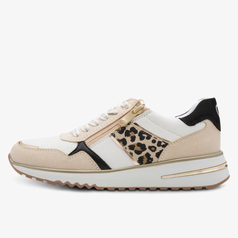 seitliche Ansicht eines modischen Sneakers mit Leopardenmuster und bequemer Sohle