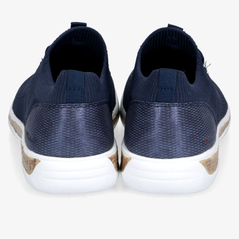 Leichte blaue Slip-On Schuhe mit flexiblem Material und rutschfester weißer Sohle, Paar Rückansicht