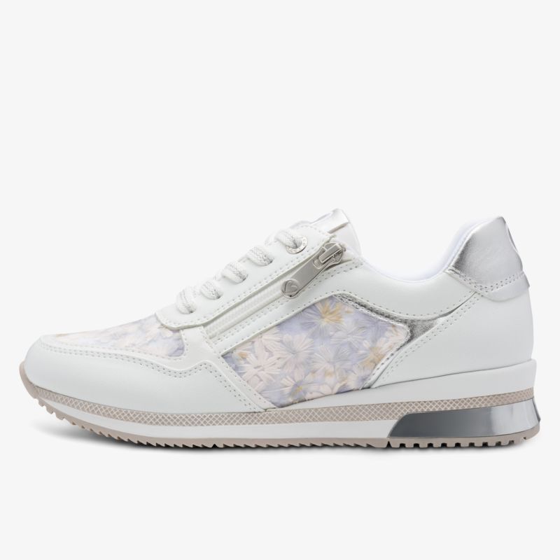 Seitliche Ansicht eines weißen Sneaker mit Reißverschluss und leichter Sohle