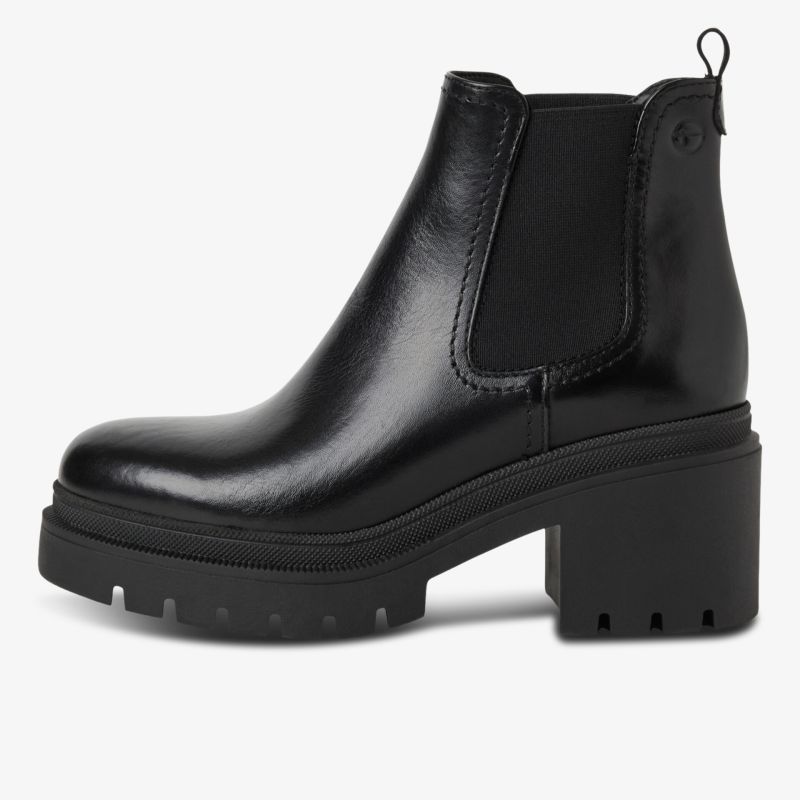 Schwarzer Leder-Stiefel mit robustem Blockabsatz und elastischen Seiteneinsätzen, seitliche Ansicht, eleganter und bequemer Schuh