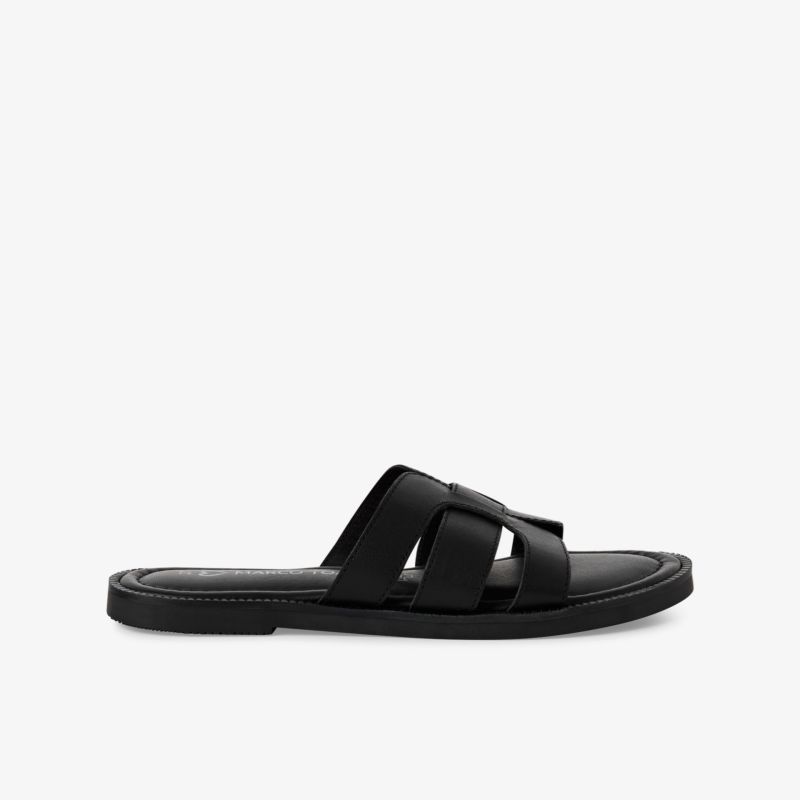 Schwarze Sandale aus Leder mit offenem Design und leichter, flexibler Sohle für bequemen Alltagstragekomfort