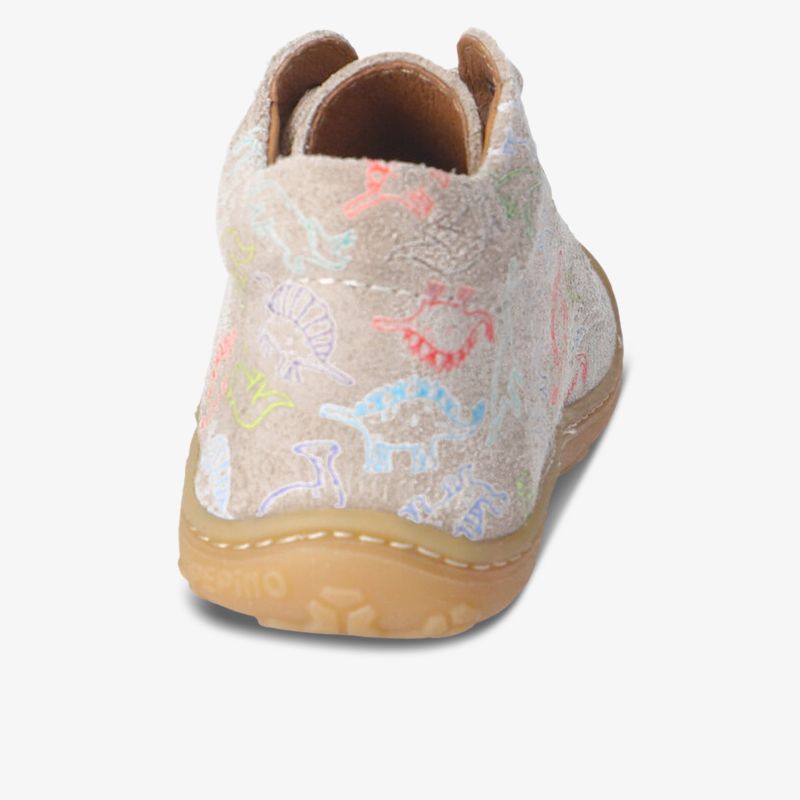 Hochwertiger Schuh hinten mit weichem Material und farbenfrohem verspieltem Muster, rutschfeste flexible Sohle