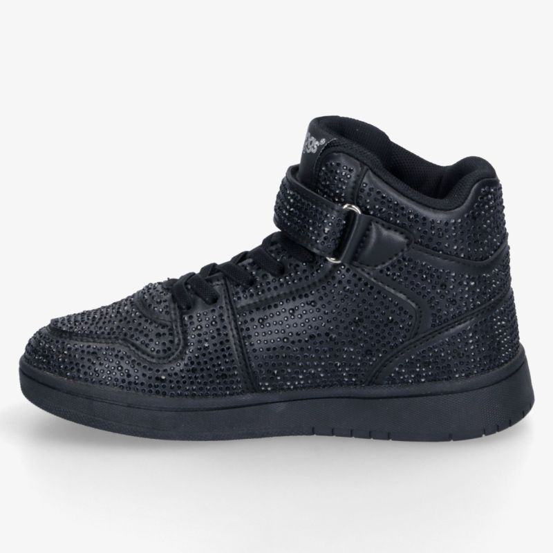 Schwarzer High-Top Sneaker mit perforierter Oberfläche, gepolstertem Schaft, Klettverschluss und profilierter Gummisohle