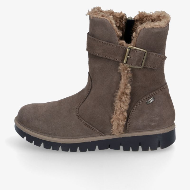 Brauner Winterstiefel mit weichem Warmfutter, dekorativem Riemen und markanter profilierter Laufsohle