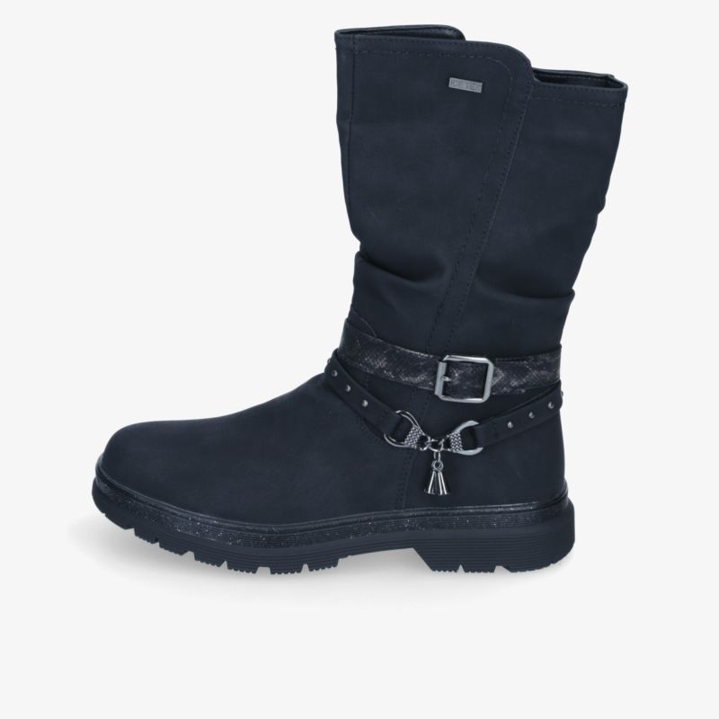 Robuster schwarzer Winterstiefel mit dekorativen Schnallen, wasserabweisender Oberfläche und rutschfester Sohle für optimalen Komfort